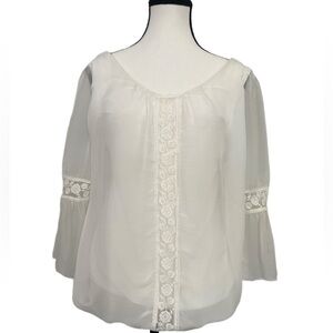Bellambra Cream Relaxed sheer 3/4 Sleeve Embellished Blouse with elasticized hem